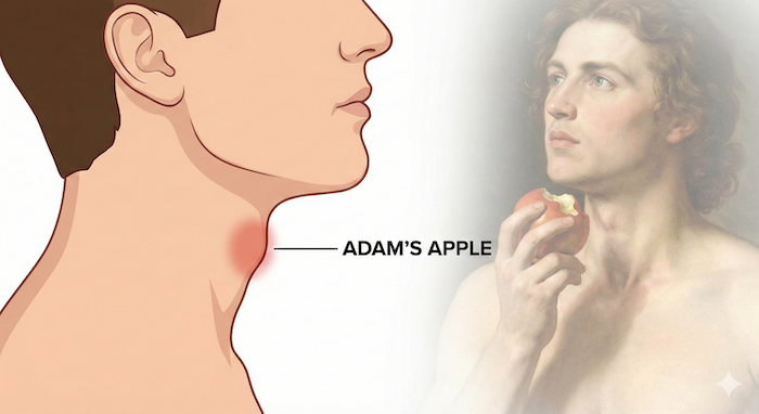 Adam's apple anatomy and biblical origin. 代替テキスト: 喉仏の解剖図とアダムの起源。