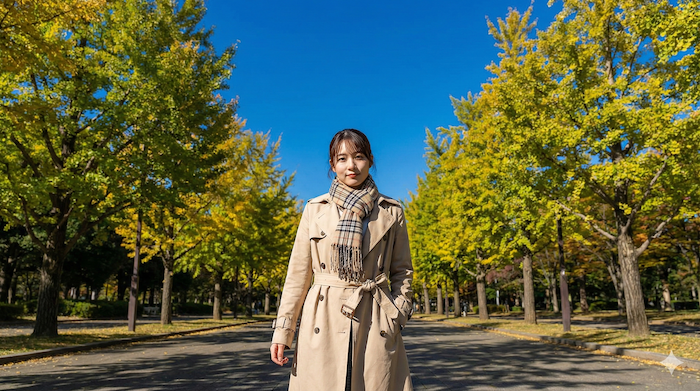 Woman in trench coat under ginkgo trees / イチョウ並木とトレンチコートの女性