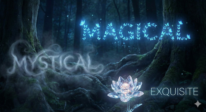 Magical forest with glowing words and crystal flower. (éæ³ã®èšèãšã¯ãªã¹ã¿ã«ã®è±ãããæ£®)