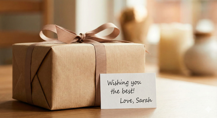 Gift with handwritten birthday message tag. / ææžãã¡ãã»ãŒãžä»ãã®èªçæ¥ãã¬ãŒã³ãã