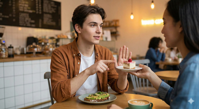 Man refusing cake for healthy food