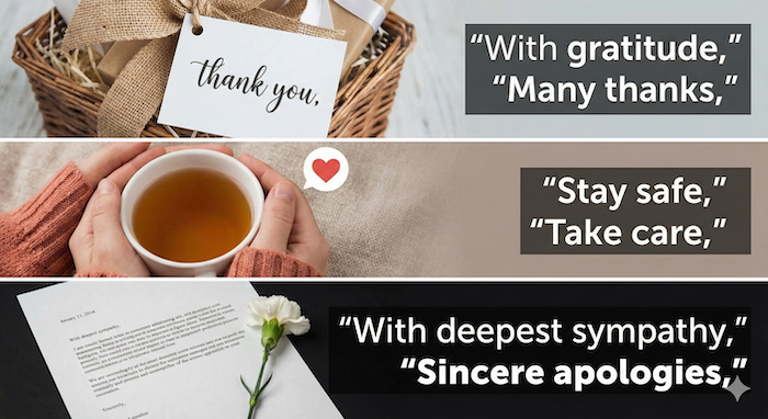 Situational email sign-off collage. / ã·ãŒã³å¥è±èªã¡ãŒã«çµã³ã³ã©ãŒãžã¥ã