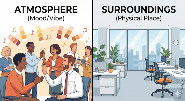 Split screen comparing office atmosphere and surroundings. / オフィスの雰囲気と物理的環境の対比