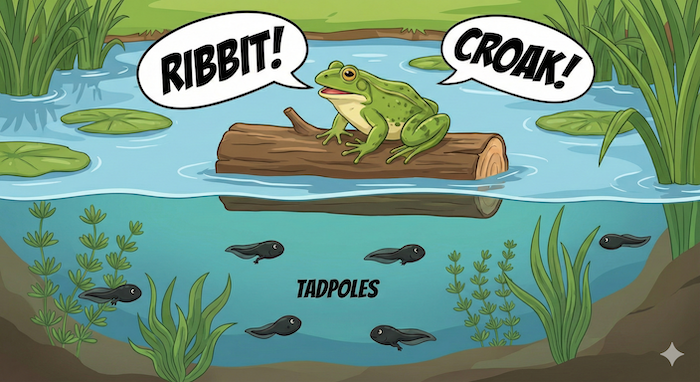 Tadpoles and frog croaking/ribbiting illustration
