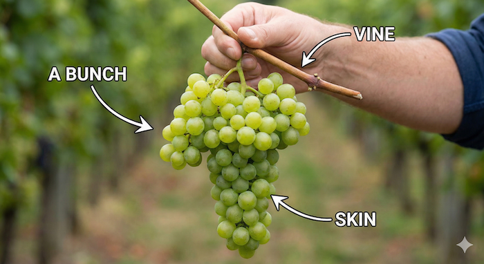 A bunch of grapes and its parts. / ブドウの房とその部位。