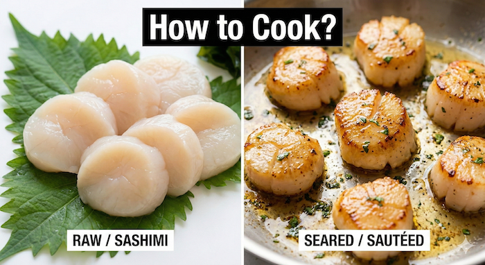 Comparison of raw sashimi and seared scallops. (生の刺身とソテーしたホタテの比較)