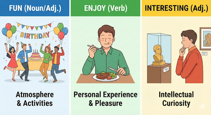 「fun」「enjoy」「interesting」を比較したインフォグラフィック。