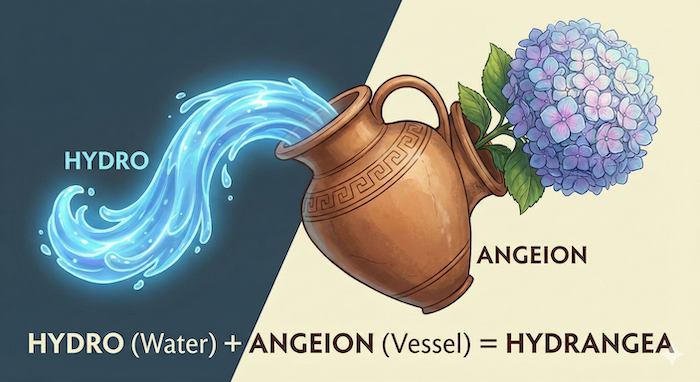 Hydrangea etymology illustration: Hydro + Angeion. (アジサイの語源イラスト:水+器)