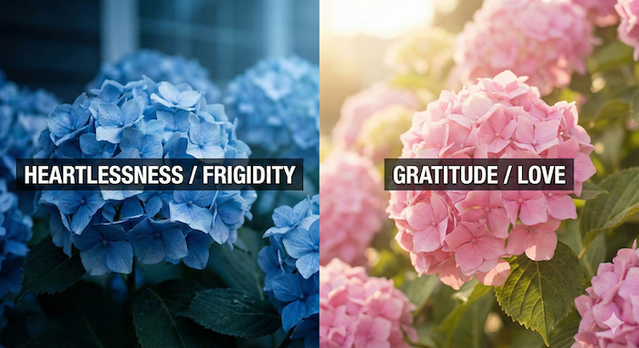 Hydrangea flower language: Heartlessness vs. Gratitude. (アジサイの花言葉:冷酷対感謝)
