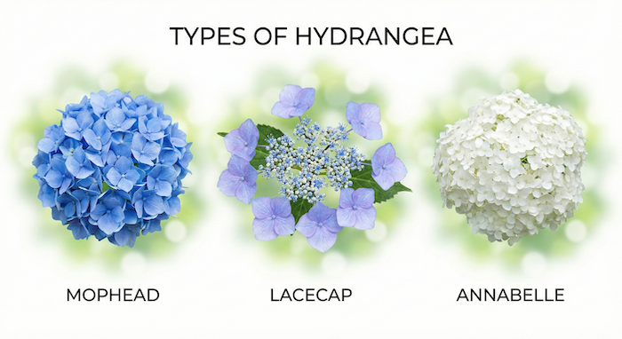 Types of hydrangea: Mophead, Lacecap, Annabelle. (アジサイの種類:モップヘッド、ガクアジサイ、アナベル)
