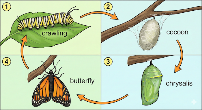 Four-stage butterfly lifecycle diagram. / 蝶の4段階のライフサイクル図。