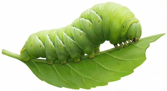 Green caterpillar with legs on a leaf. / 葉っぱの上の緑の芋虫。