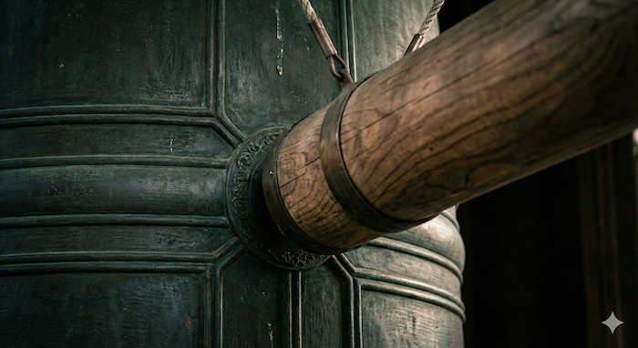 Close-up of striking the temple bell / 鐘をつく瞬間のクローズアップ