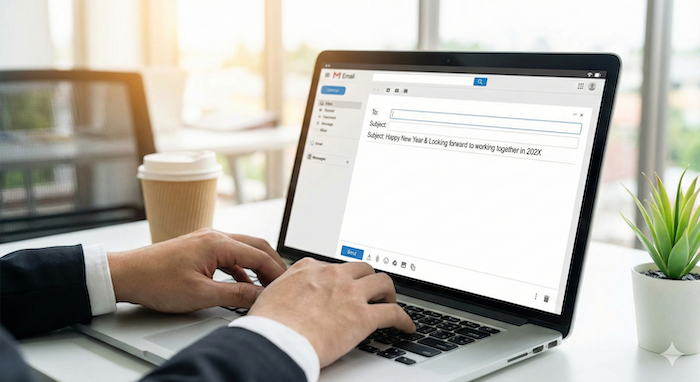Typing a New Year business email. / 新年のビジネスメールを作成中