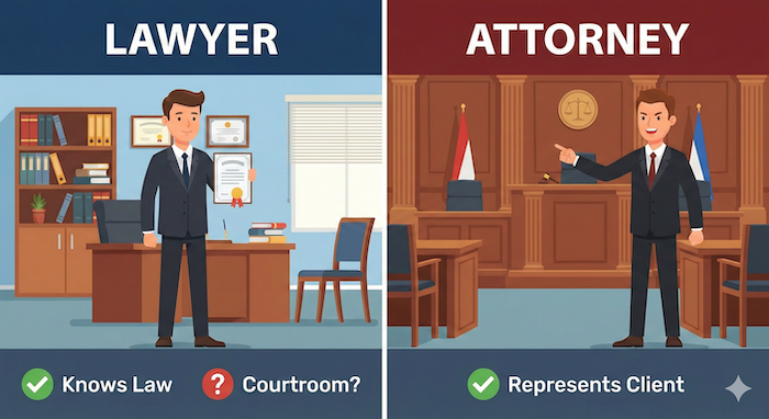 Lawyer vs. Attorney infographic. / 「知識の人」Lawyerと「代理人」Attorneyの違い。