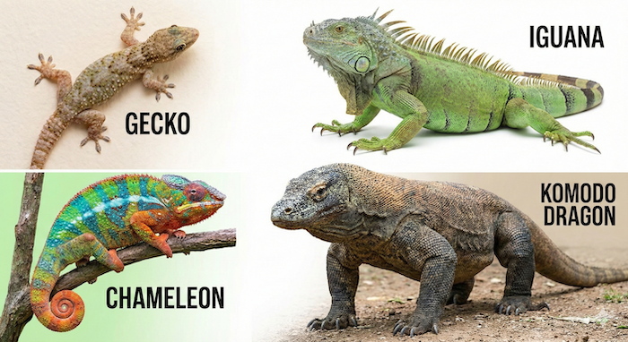 Four lizard types: Gecko, Iguana, Chameleon, Komodo Dragon. (4種類のトカゲ:ヤモリ、イグアナ、カメレオン、コモドオオトカゲ)