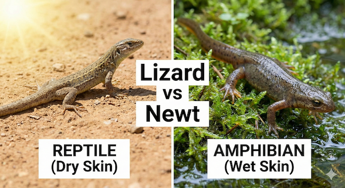 Comparison: Dry lizard vs. wet newt. (比較:乾いたトカゲ対濡れたイモリ)
