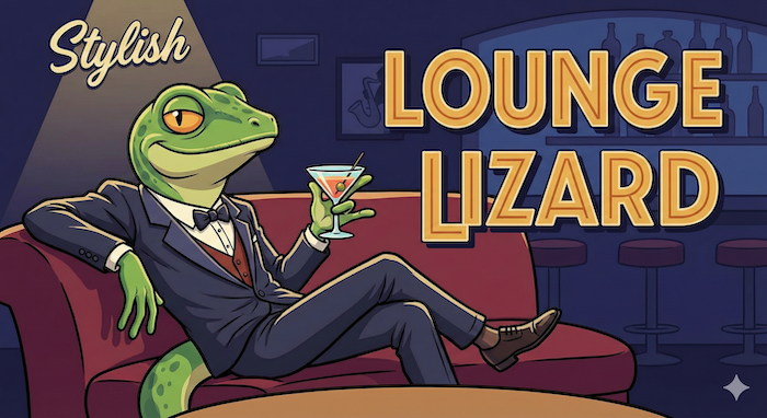 Cartoon lizard in a suit at a bar. (スーツを着てバーにいる漫画のトカゲ)