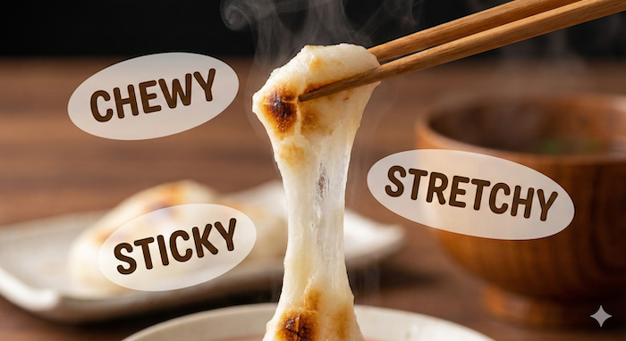 Stretching grilled mochi / 伸びる焼き餅
