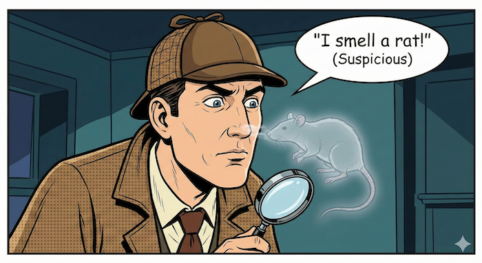A comic panel of a detective saying "I smell a rat!" with a ghostly rat. (探偵が「ネズミの匂いがする(怪しい)」と言っているコミック調の絵)