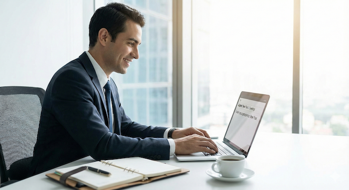 Business professional sending email. ビジネスマンがメールを送信。