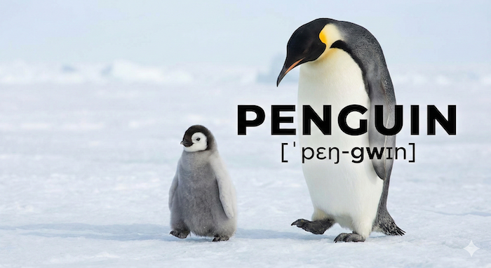 Penguin parent, chick, pronunciation text / ペンギンの親子と発音記号