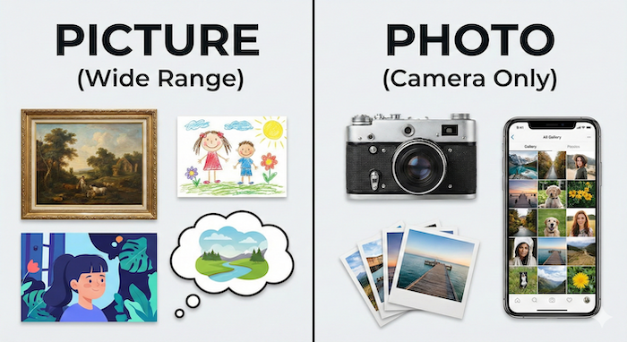 Picture vs Photo infographic (ピクチャーとフォトの比較図)