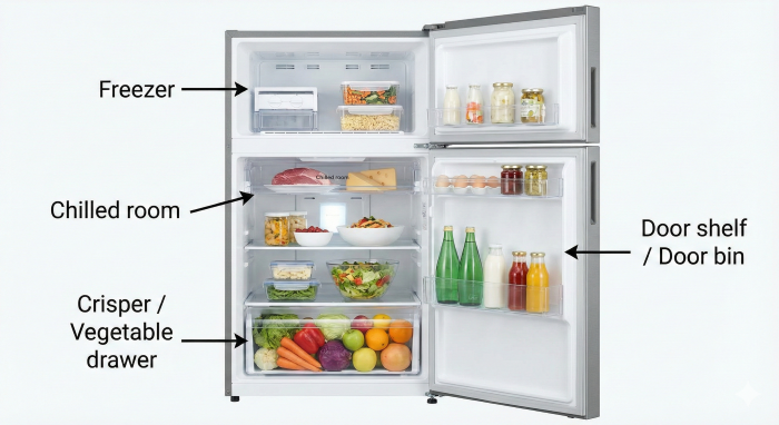 Labeled refrigerator internal compartments. / 冷蔵庫の各部名称(英語ラベル)