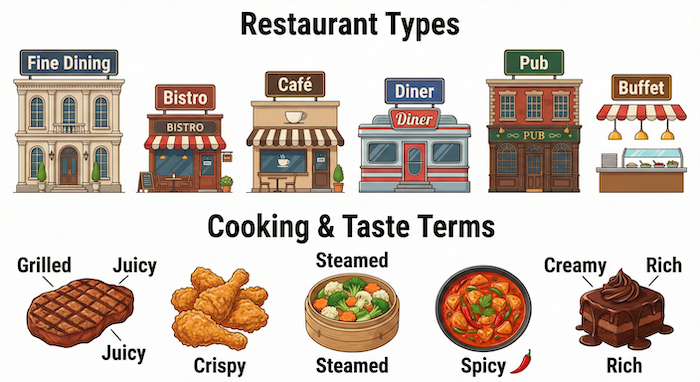 Restaurant types and food terms chart. / レストランの種類と料理用語の図。
