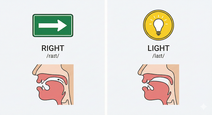 "Right" and "Light" pronunciation guide. (「Right」と「Light」の発音ガイド)