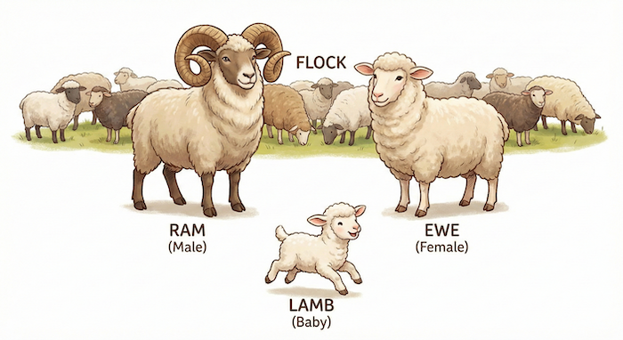 Family Names: Ram, Ewe, and Lamb 代æ¿ããã¹ãïŒSheep family tree illustration. çŸã®å®¶ç³»å³ã®ã€ã©ã¹ãã