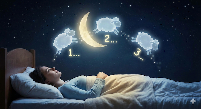Culture: Counting Sheep for Sleep 代æ¿ããã¹ãïŒA person counting sheep to sleep. ç ãããã«çŸãæ°ãã人ã