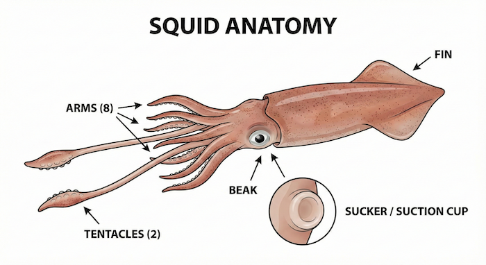 Diagram of squid anatomy parts. (イカの解剖図。)