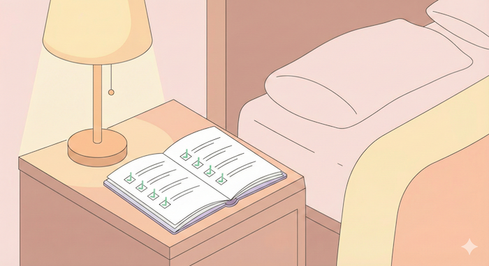 チェックリストが完了したノートとベッド / Completed checklist notebook on nightstand