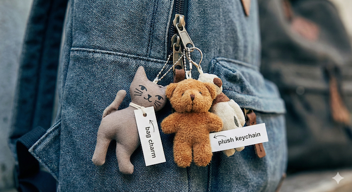 Small plush keychains on backpack. / リュックに付けた小さなぬいぐるみ。