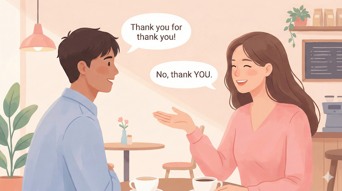 カフェで「こちらこそ」を強調する2人。