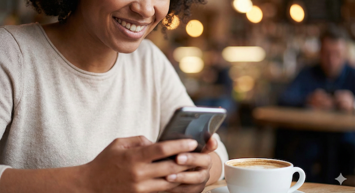Smiling person texting in a cafe. / カフェで笑顔でメールする人。