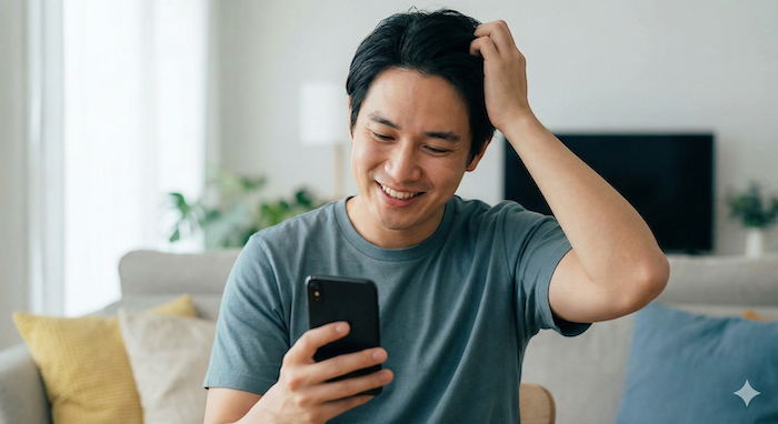 Man scratching head apologetically. / 申し訳なさそうに頭をかく男性。