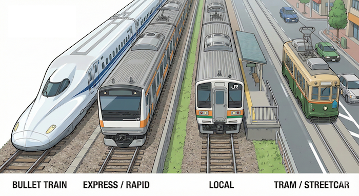 様々な種類の電車とラベルのイラスト