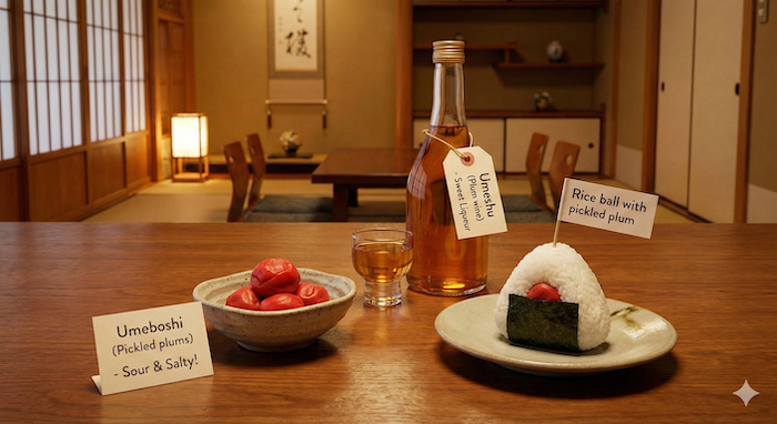 食卓の梅干し、梅酒、梅おにぎり。