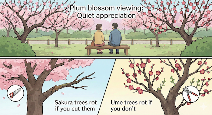 梅と桜の文化比較イラスト。